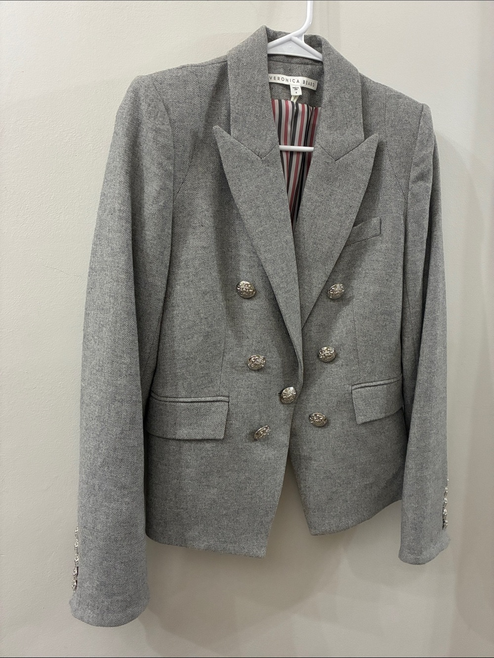 Veronica Beard Gray Double-Breasted Military-Style Blazer - size 4 - wool blend